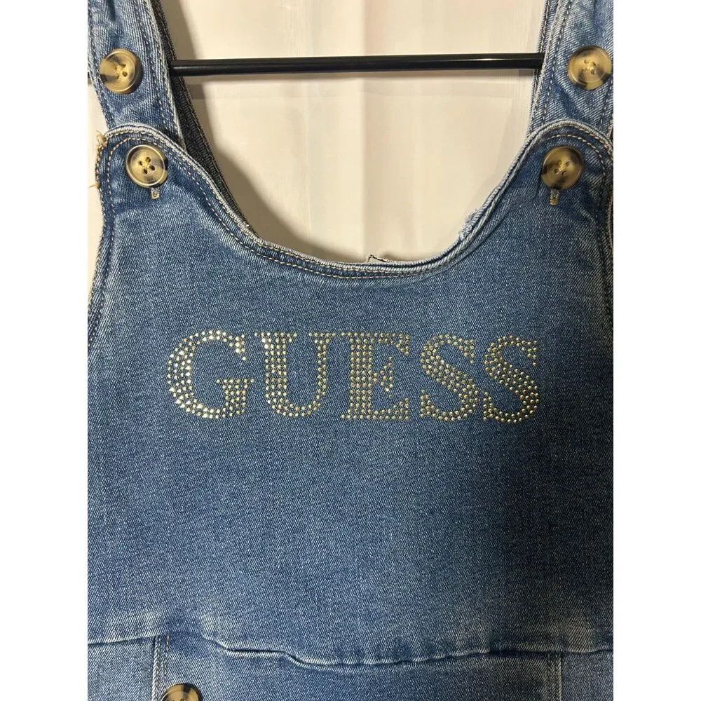 Vintage Guess Kids Denim Dress L 14 Blue Jean Overall Pinafore Rhinestone Gem